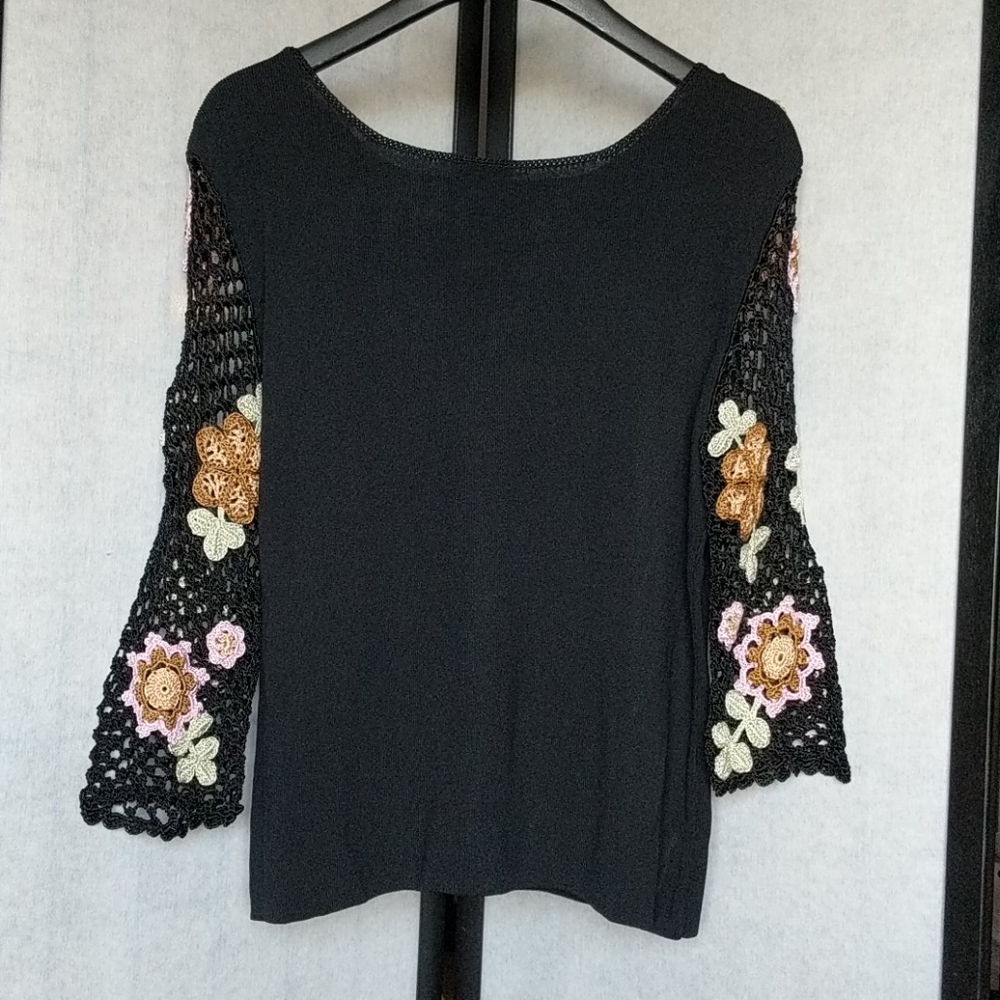 Joseph Black Knit Top with Crochet Floral Sleeves